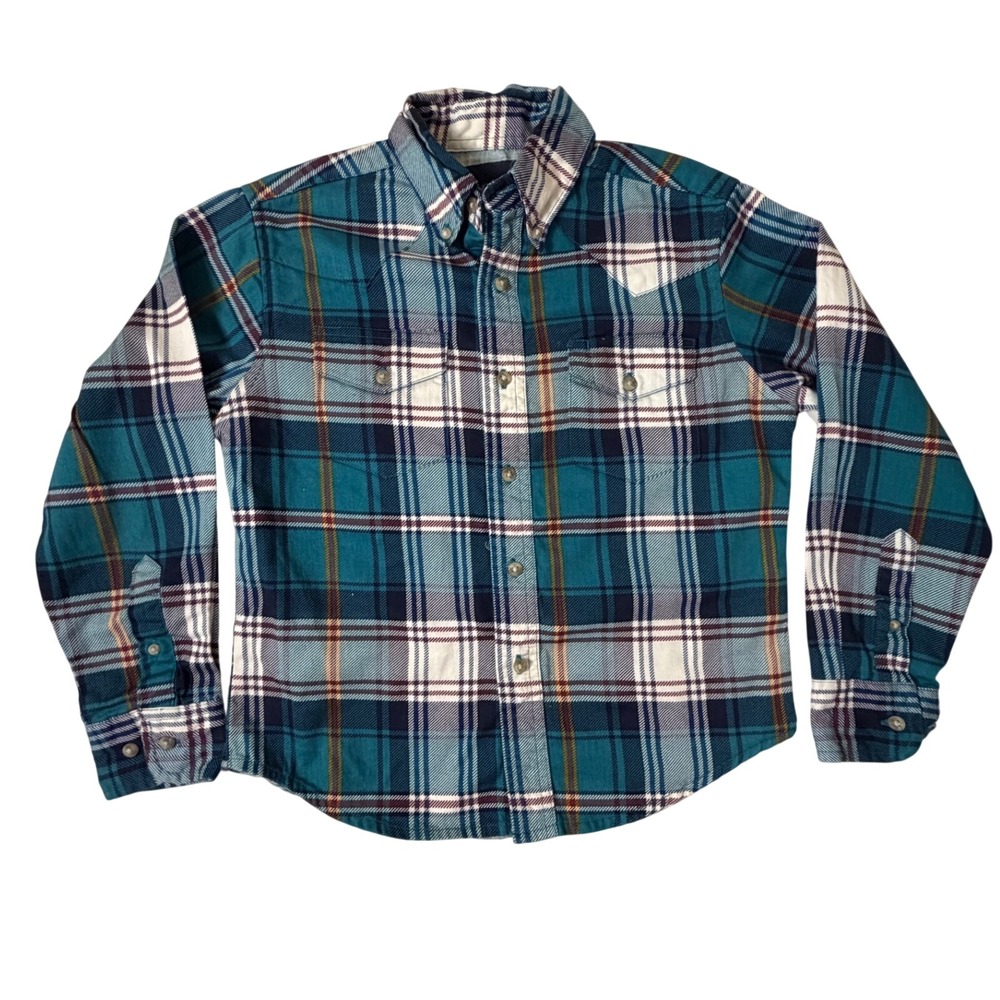 Wrangler Plaid Flannel Shirt Kids Size‎ 7-8 Blue Excellent Western Button Down